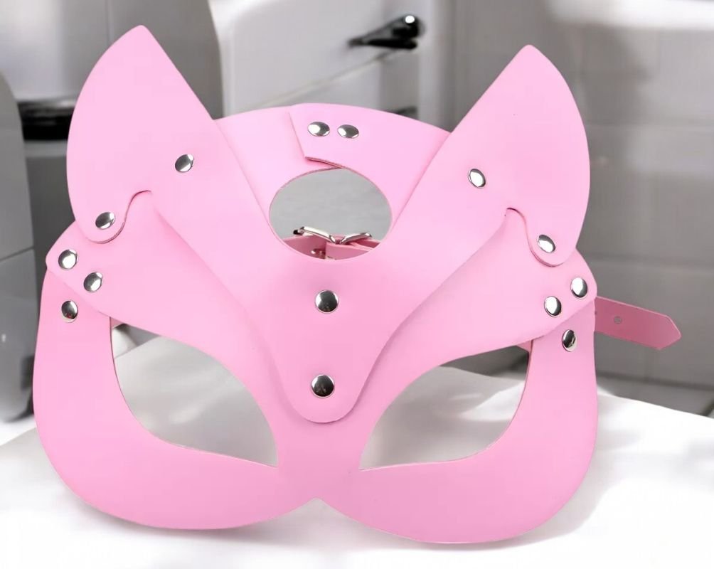 Deri Fantezi Maske Boyunluk Seti Pembe 3
