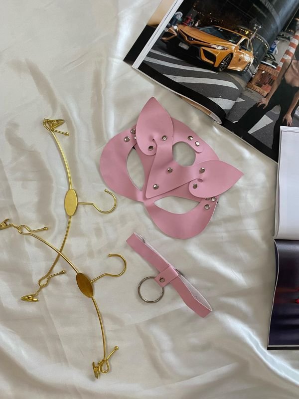 Deri Fantezi Maske Boyunluk Seti Pembe 5