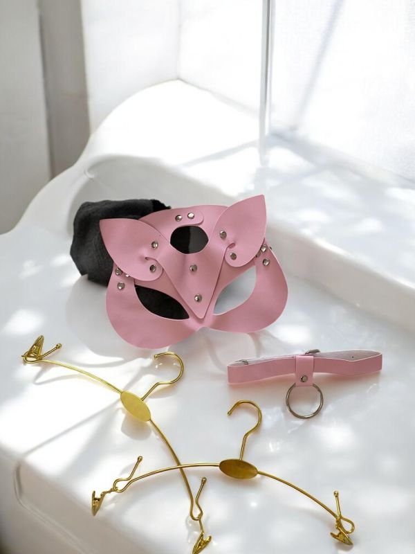 Deri Fantezi Maske Boyunluk Seti Pembe 6