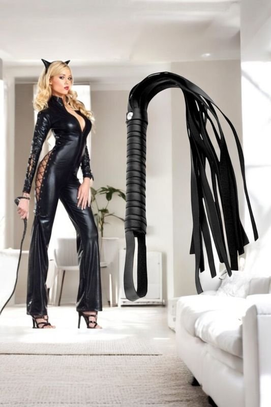 Siyah Deri Halka Detaylı Body, Kırbaç ve Boyunluk Set Kostüm 3